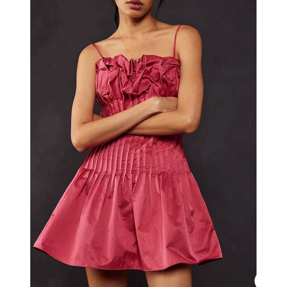 Free People Rose Bud Mini Dress Size 2 Hot Pink Pleated Bubble NWOT